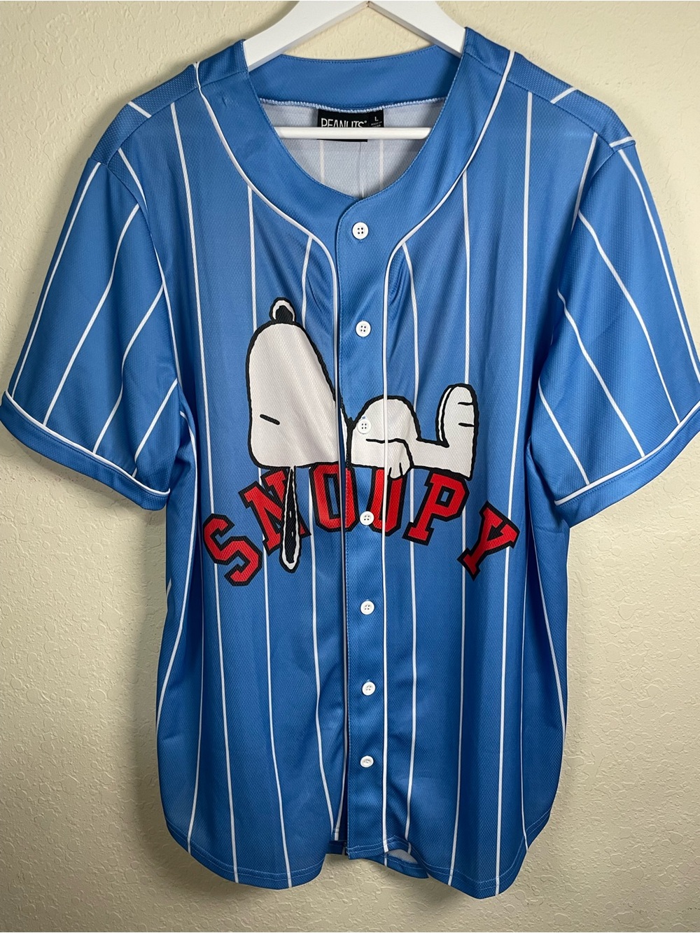 PEANUTS | Blue Pinstripe Baseball Jersey with Snoopy #50 | L